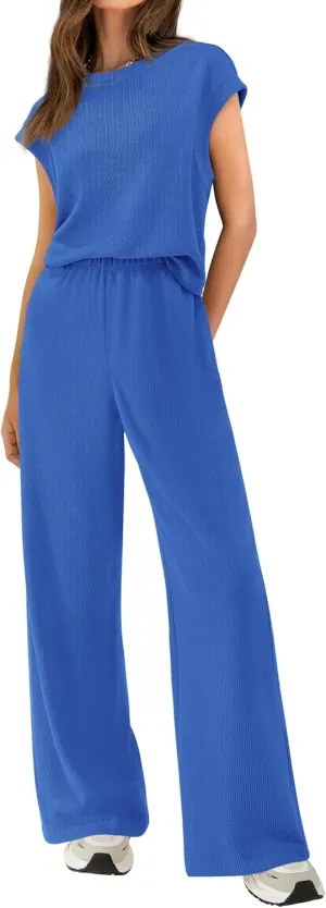 BTFBM Women Two Piece Outfits Summer Short Sleeve Knit Tops Wide Leg Pants Lounge Matching Sets Sweatsuit Airport