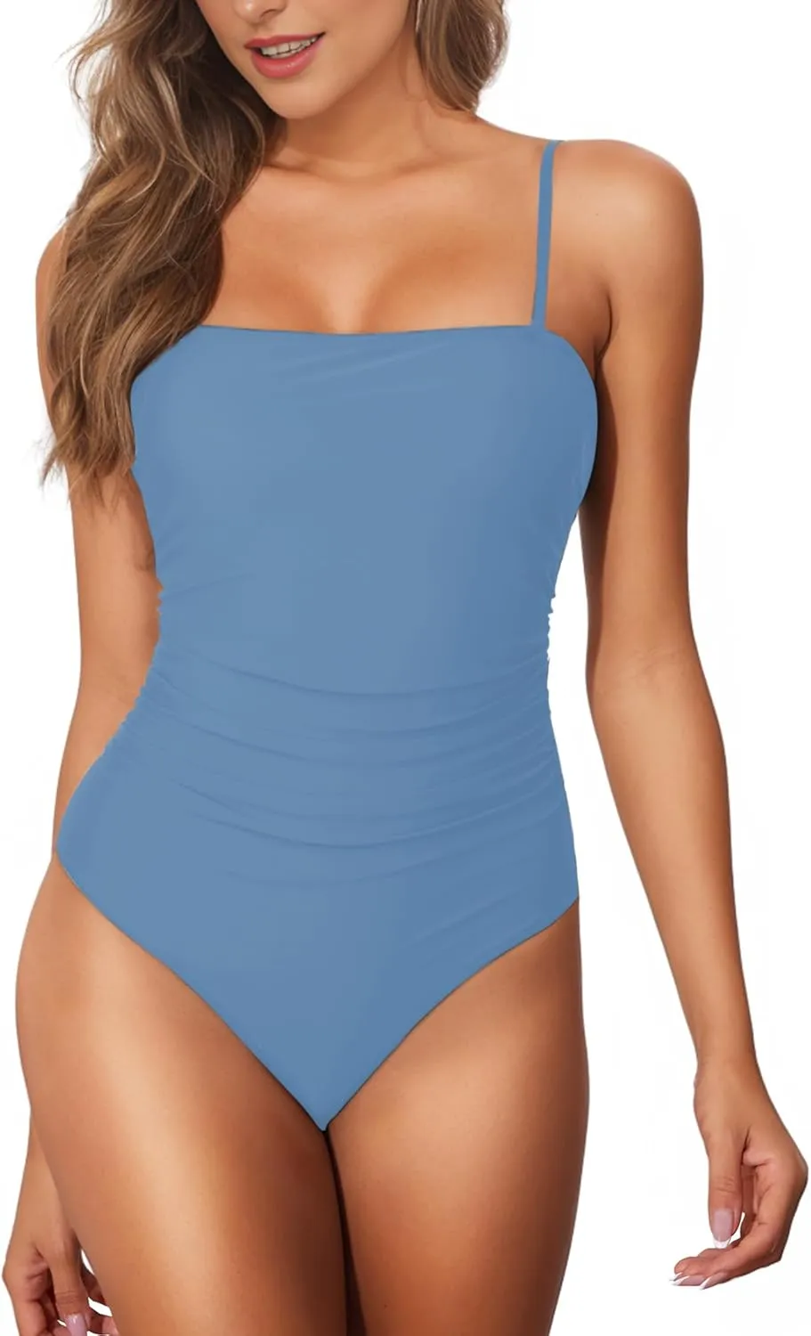 Buauty Women's One Piece Swimsuits Tummy Control Bathing Suits for Women Square Neck Backless Ruched Push Up Swimwear