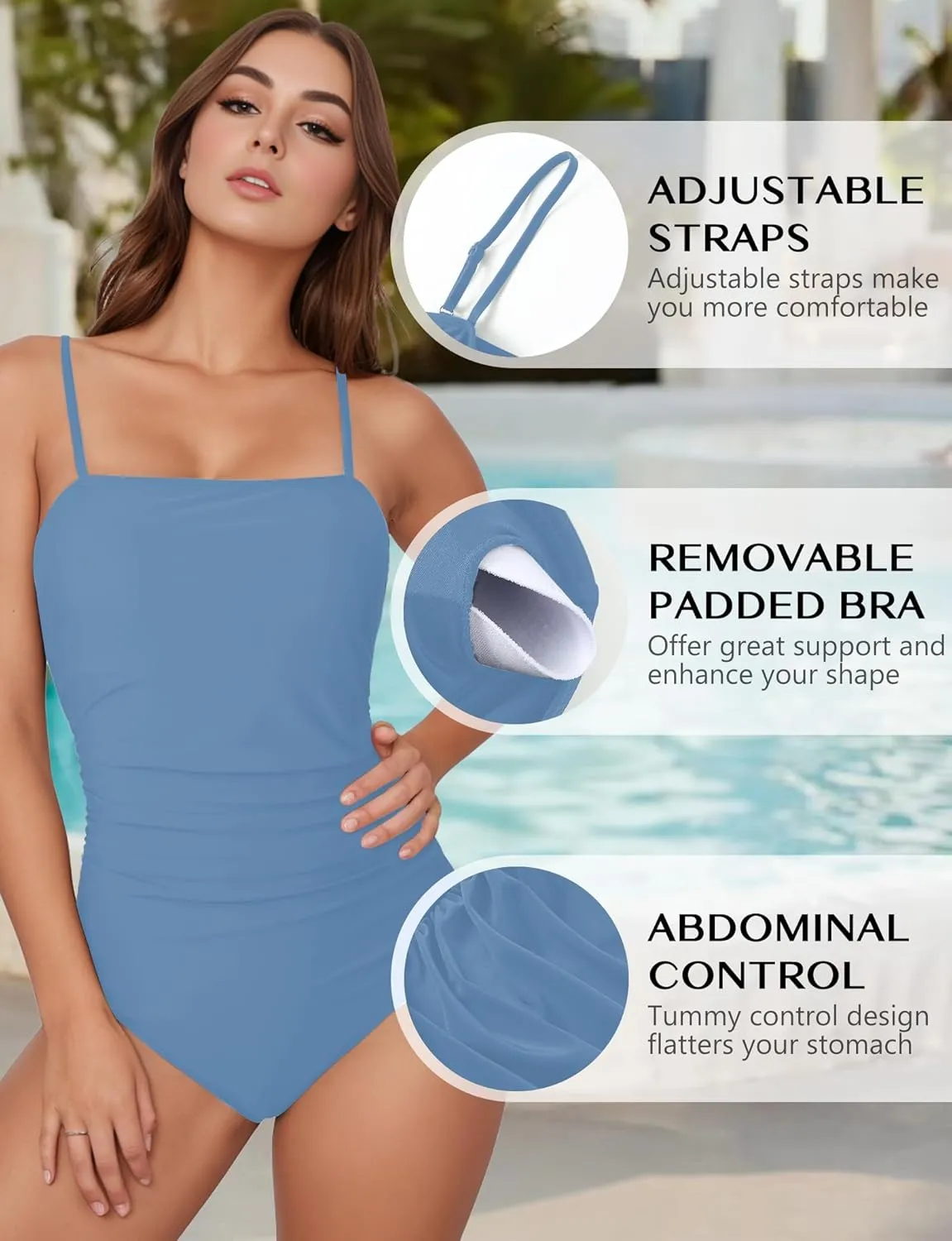 Buauty Women's One Piece Swimsuits Tummy Control Bathing Suits for Women Square Neck Backless Ruched Push Up Swimwear