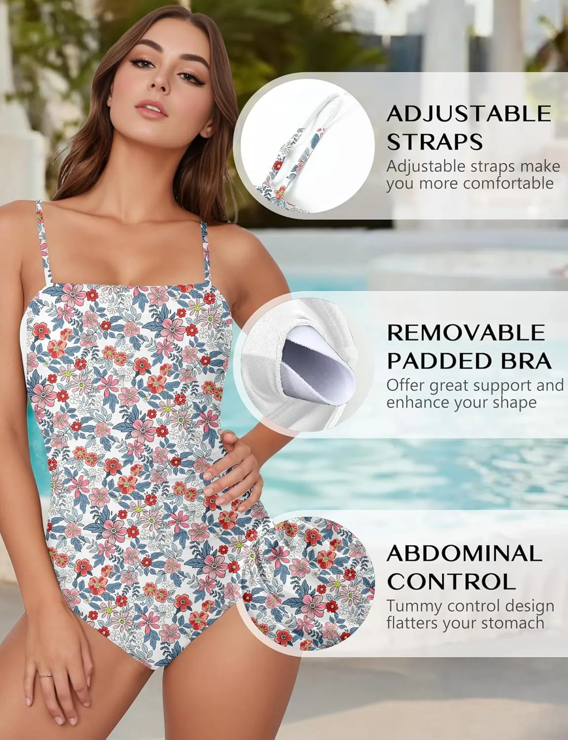 Buauty Women's One Piece Swimsuits Tummy Control Bathing Suits for Women Square Neck Backless Ruched Push Up Swimwear