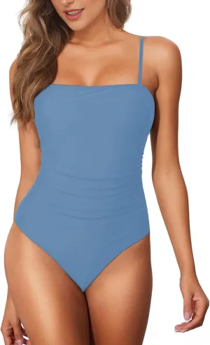 Buauty Women's One Piece Swimsuits Tummy Control Bathing Suits for Women Square Neck Backless Ruched Push Up Swimwear