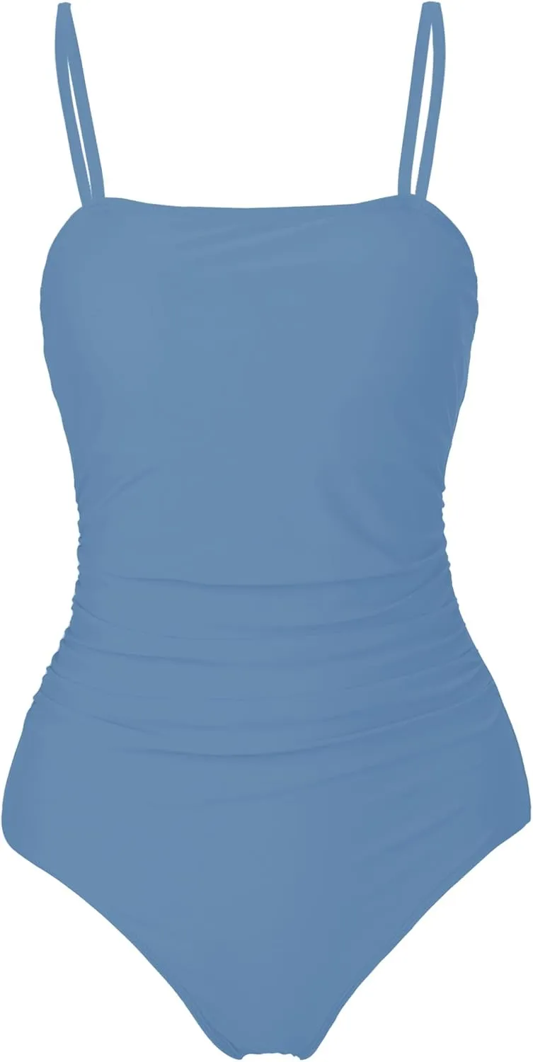Buauty Women's One Piece Swimsuits Tummy Control Bathing Suits for Women Square Neck Backless Ruched Push Up Swimwear