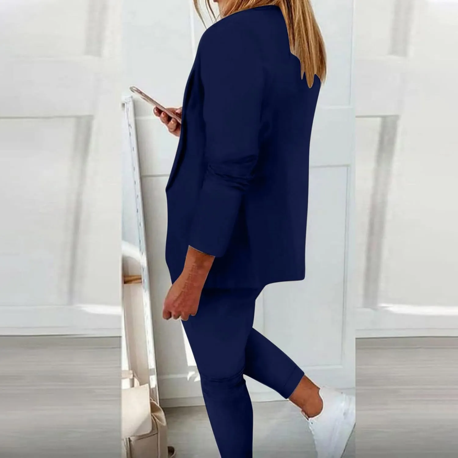Business Casual Outfits for Women 2 Piece Sets Long Sleeve Open Front Blazer Drawstring Work Pants Office Suit Set