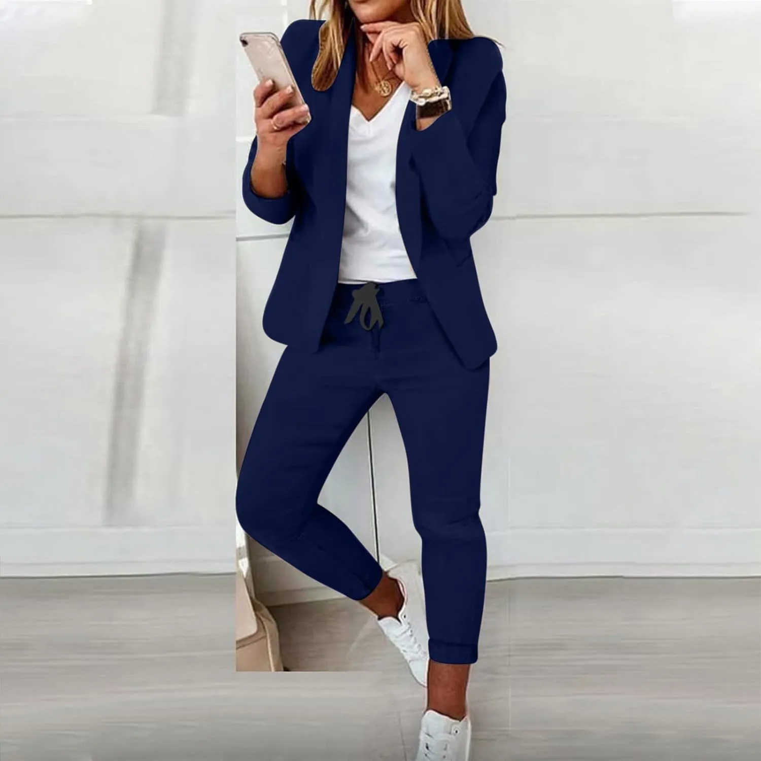 Business Casual Outfits for Women 2 Piece Sets Long Sleeve Open Front Blazer Drawstring Work Pants Office Suit Set
