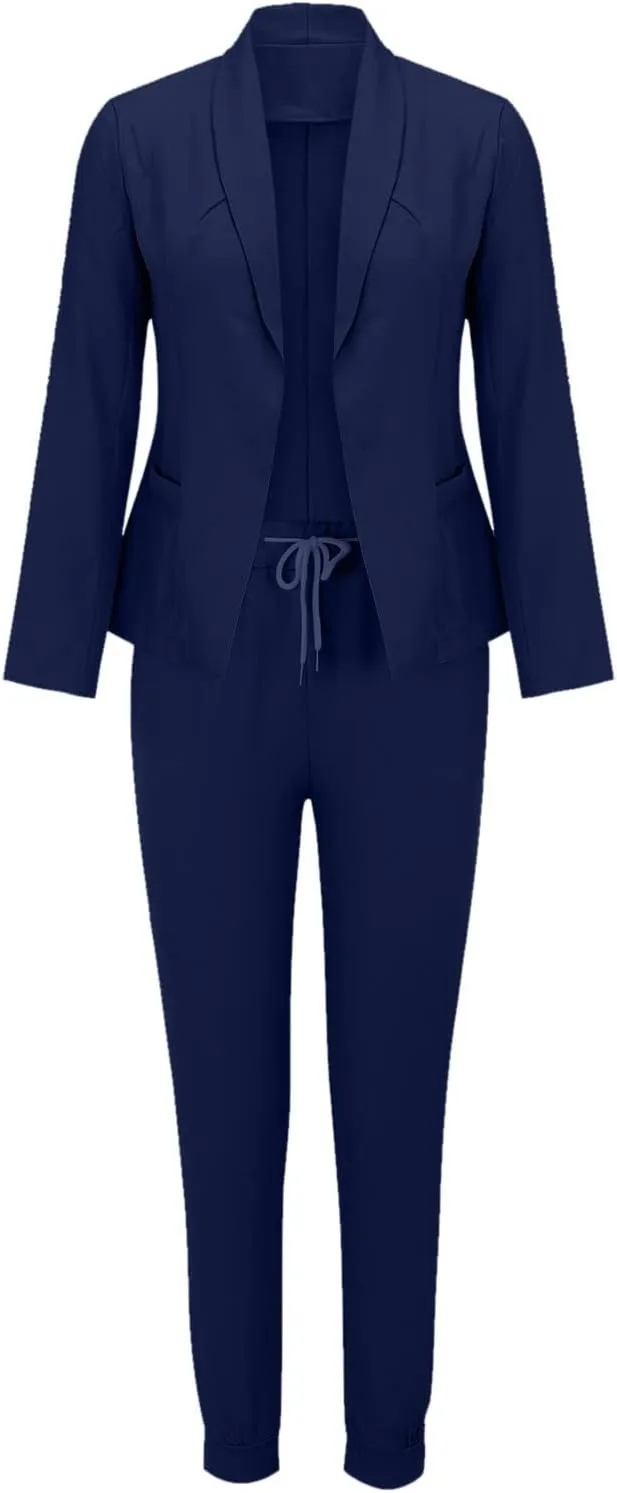 Business Casual Outfits for Women 2 Piece Sets Long Sleeve Open Front Blazer Drawstring Work Pants Office Suit Set