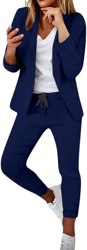 Business Casual Outfits for Women 2 Piece Sets Long Sleeve Open Front Blazer Drawstring Work Pants Office Suit Set