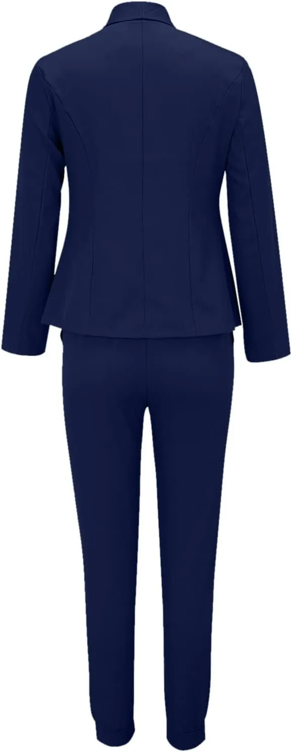 Business Casual Outfits for Women 2 Piece Sets Long Sleeve Open Front Blazer Drawstring Work Pants Office Suit Set