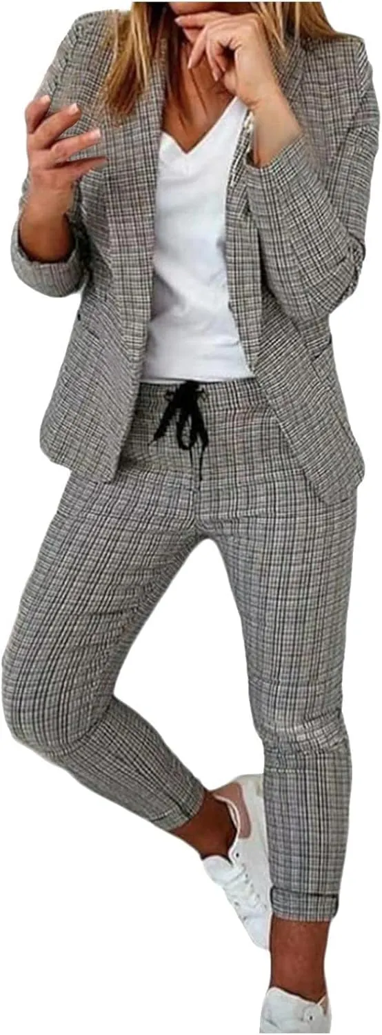 Business Outfits for Women Trendy Two Piece Suit Sets Plaid Open Front Long Sleeve Blazer Drawstring Office Pants