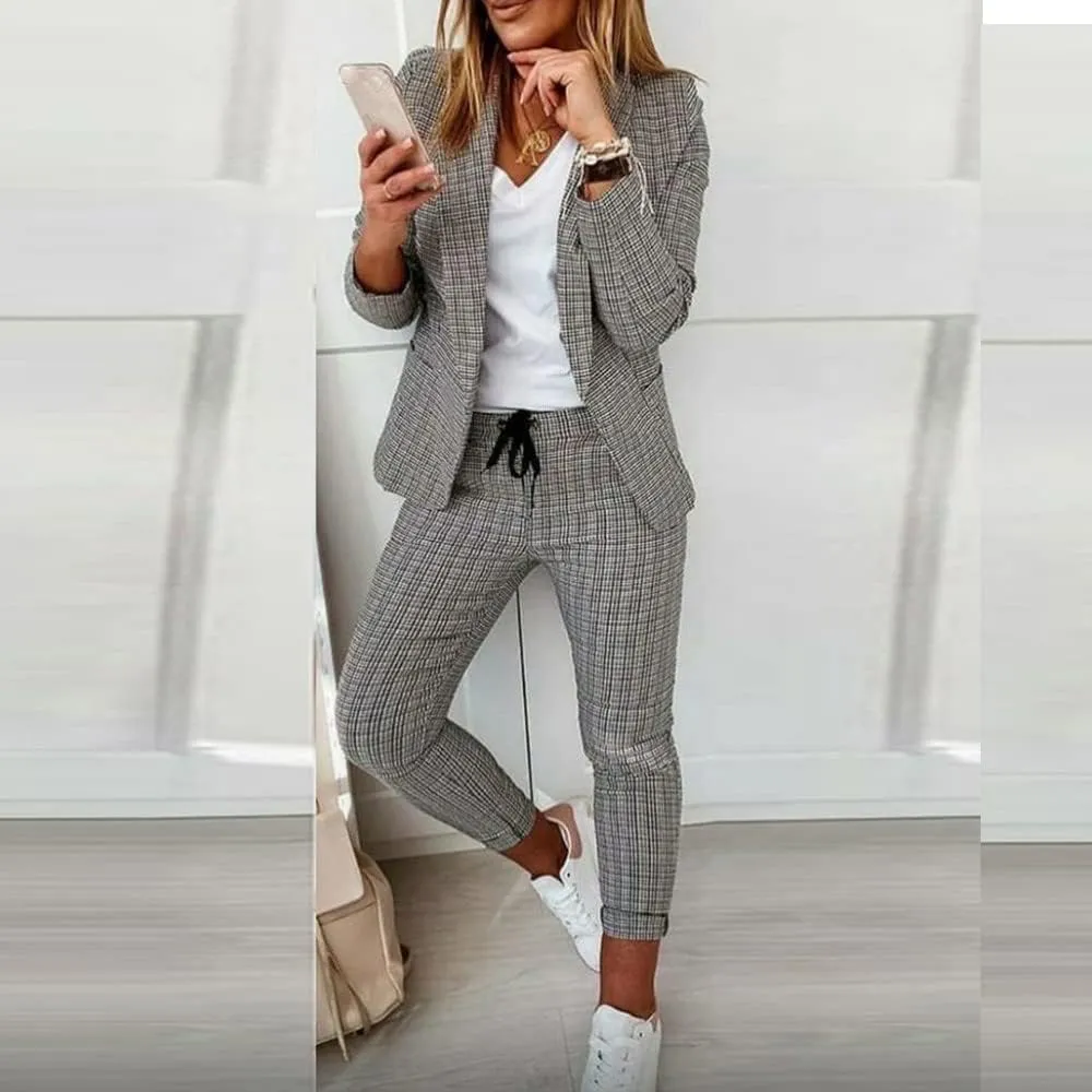 Business Outfits for Women Trendy Two Piece Suit Sets Plaid Open Front Long Sleeve Blazer Drawstring Office Pants