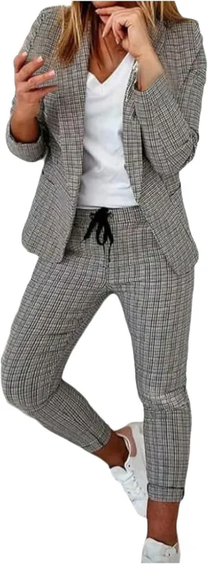Business Outfits for Women Trendy Two Piece Suit Sets Plaid Open Front Long Sleeve Blazer Drawstring Office Pants