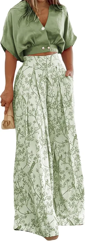Canbebig 2 Piece Sets for Women Boho Lounge Set V Neck Short Sleeve Tank Crop Top Wide Leg Pants Sets Travel Vacation Outfits