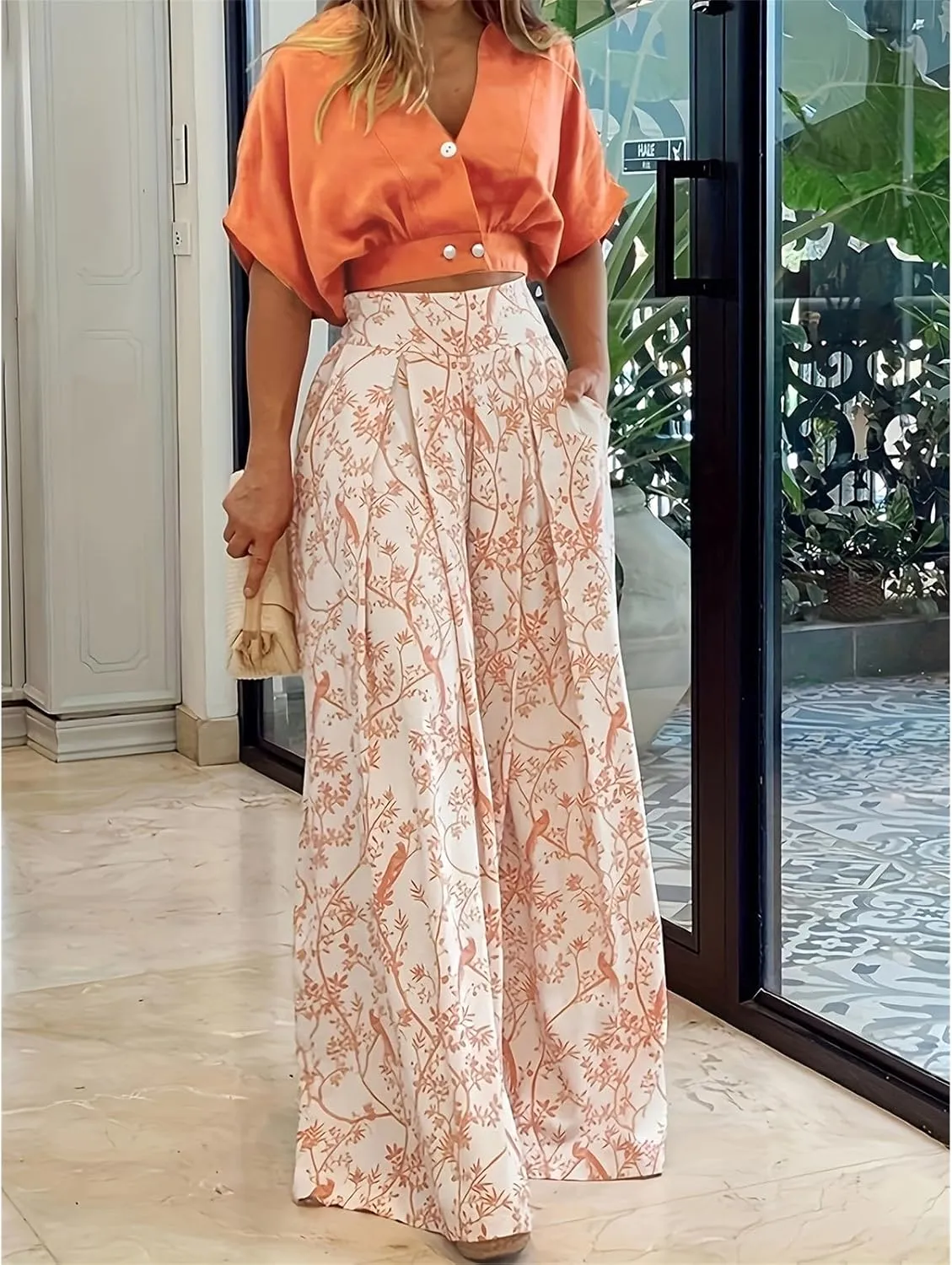 Canbebig 2 Piece Sets for Women Boho Lounge Set V Neck Short Sleeve Tank Crop Top Wide Leg Pants Sets Travel Vacation Outfits