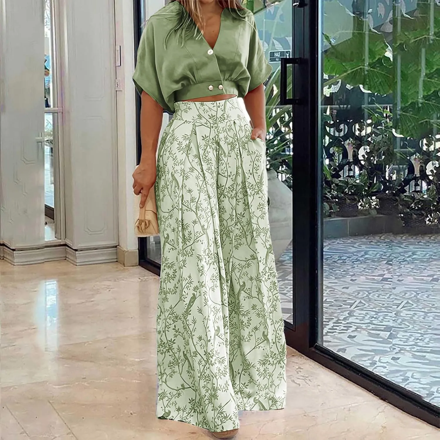 Canbebig 2 Piece Sets for Women Boho Lounge Set V Neck Short Sleeve Tank Crop Top Wide Leg Pants Sets Travel Vacation Outfits