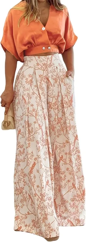Canbebig 2 Piece Sets for Women Boho Lounge Set V Neck Short Sleeve Tank Crop Top Wide Leg Pants Sets Travel Vacation Outfits