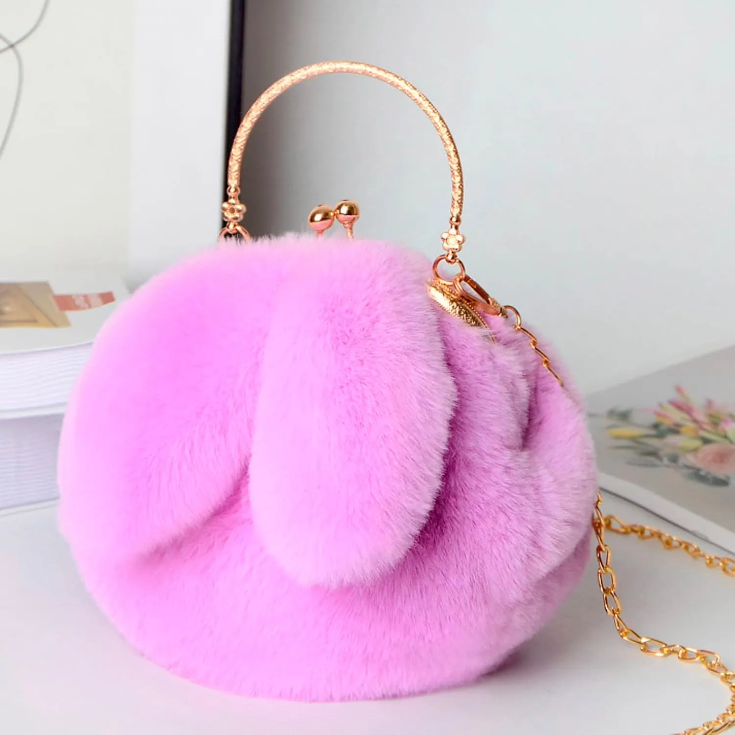 Canvas Tote Bag Cute Rabbit Puffer Bags Outdoor Round Cat Ear Plush Shoulder Bag Casual Shopping Messenger Bag