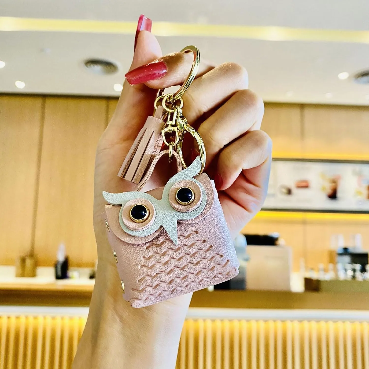 Cartoon Wristlet Keychain,Leather Owl Wallet Bracelet Tassel Key Handbag Accessories Keyring for Girls Women Gifts