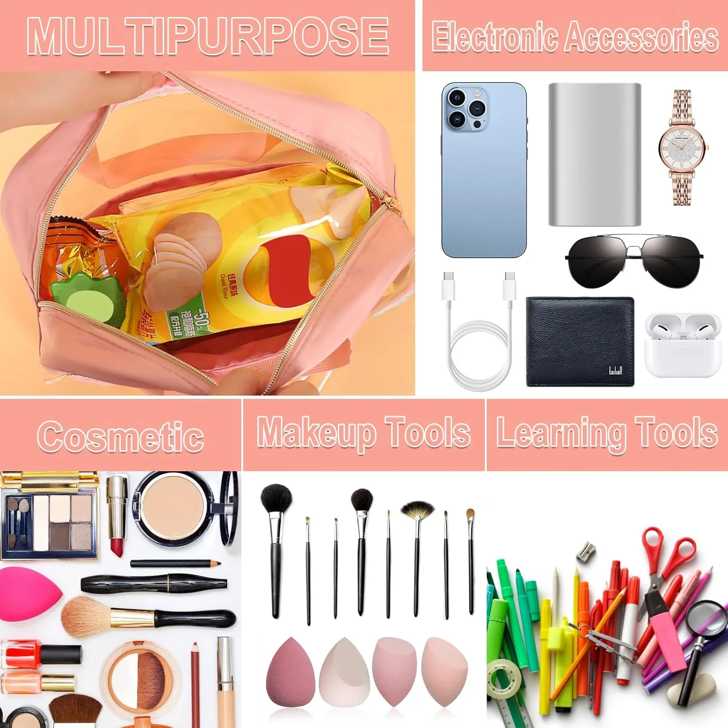 Chenille Letter Patch Clear Bag,Preppy Multi-purpose PVC&Nylon Clear Makeup Bag with Handles,Large Travel Makeup Toiletry Storage Zipper Pouch, Tote Bag for Women (Pink-SNACKS)