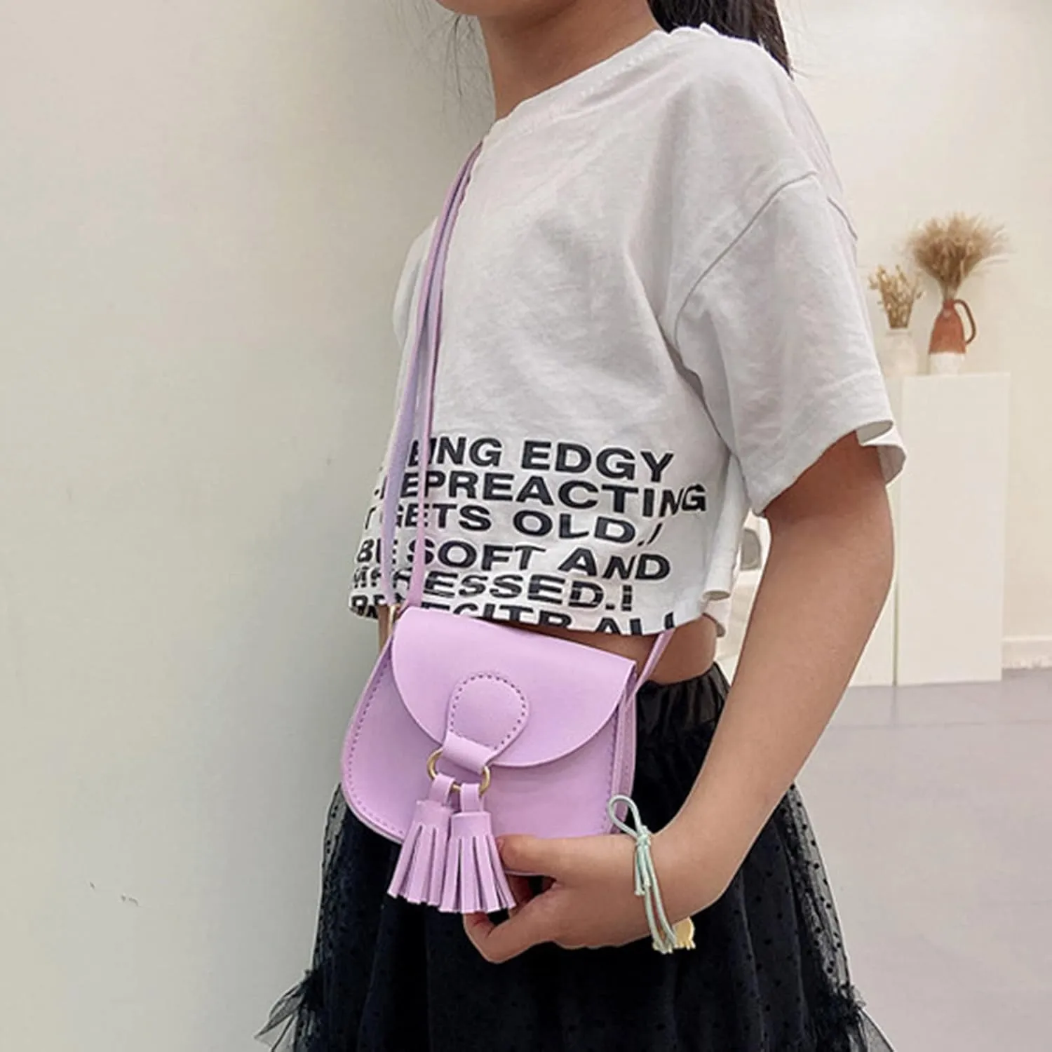 Children Bag Cute Bags Tassel Bag PU Messenger Bag Fashion Shoulder Bag Birthday Gift Small Shoulder (Purple, One Size)