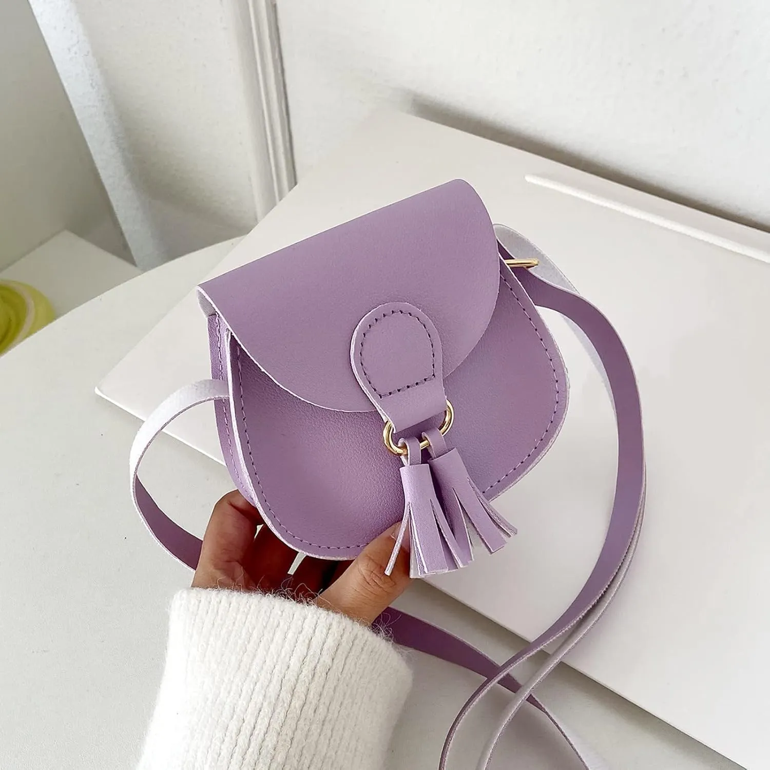 Children Bag Cute Bags Tassel Bag PU Messenger Bag Fashion Shoulder Bag Birthday Gift Small Shoulder (Purple, One Size)