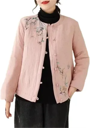 Chinese Style Retro Button Cotton Padded Jacket Women' Autumn Embroidery Coat Neck Quilted Tops