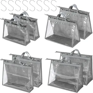 CINPIUK Handbag Dust Bags Clear Purse Storage Organizer for Closet Small to Extra Large Handbags Dust Free Bags Hanging Zipper Storage Bag with Hooks, ( Grey, 4 Sizes-8PCS)