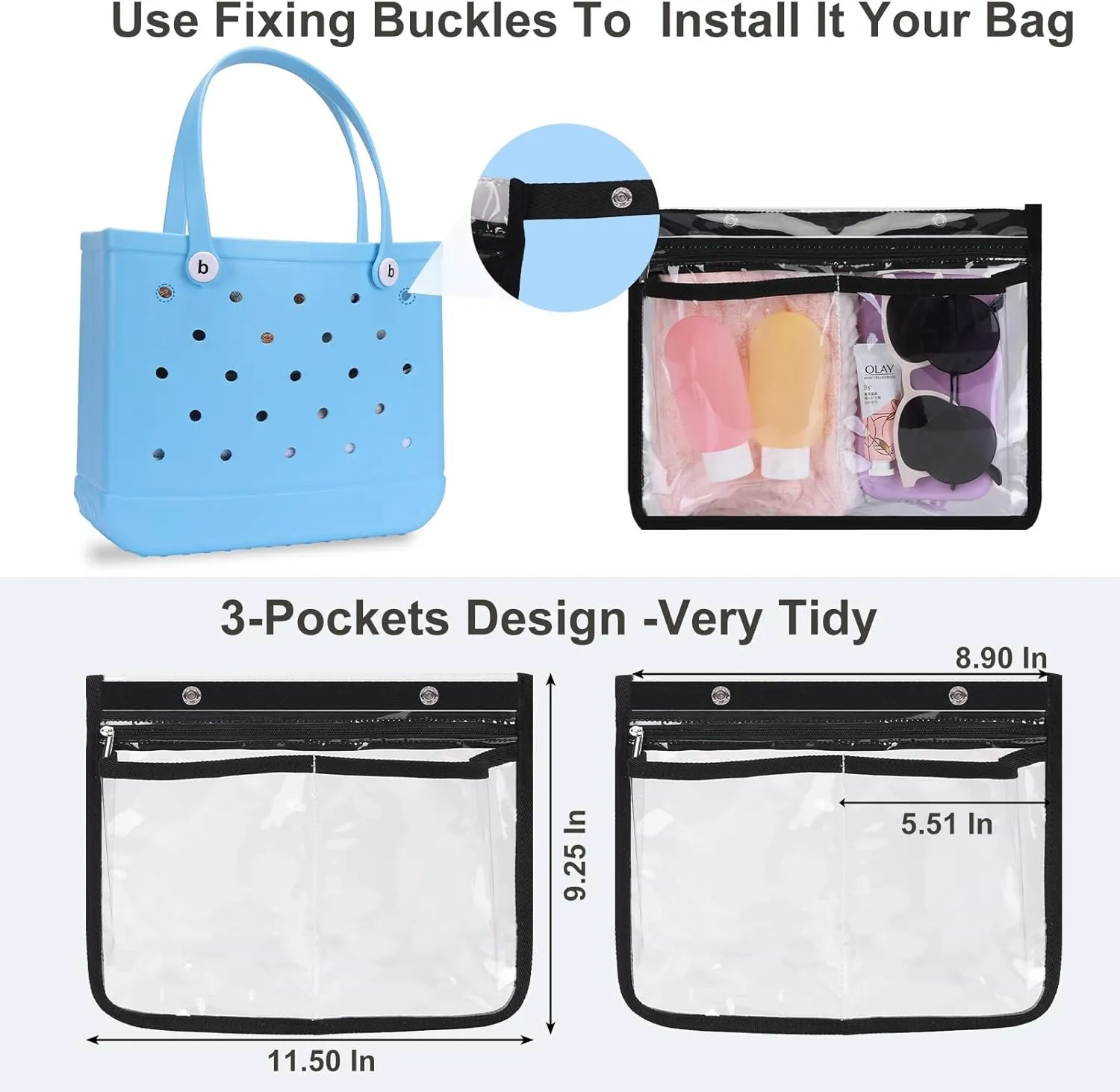 Clear Bogg Pouch for Bogg Bag Accessories Clear Beach Tote Bag Storage Travel Cosmetic Organizer (Black)