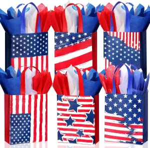 Clysee Reusable Patriotic Non Woven Memorial Day 4th of July Gift Bags with Tissue Paper 6 Different Patterns Waterproof Tote Bags with Handle for Independence Day Decor Holiday Party Favors(24 Pack)