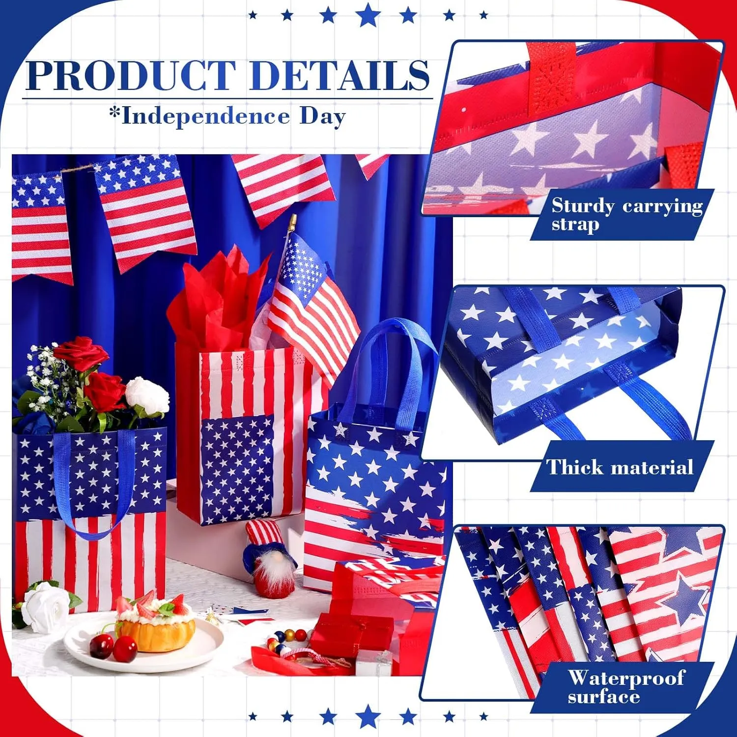 Clysee Reusable Patriotic Non Woven Memorial Day 4th of July Gift Bags with Tissue Paper 6 Different Patterns Waterproof Tote Bags with Handle for Independence Day Decor Holiday Party Favors(24 Pack)