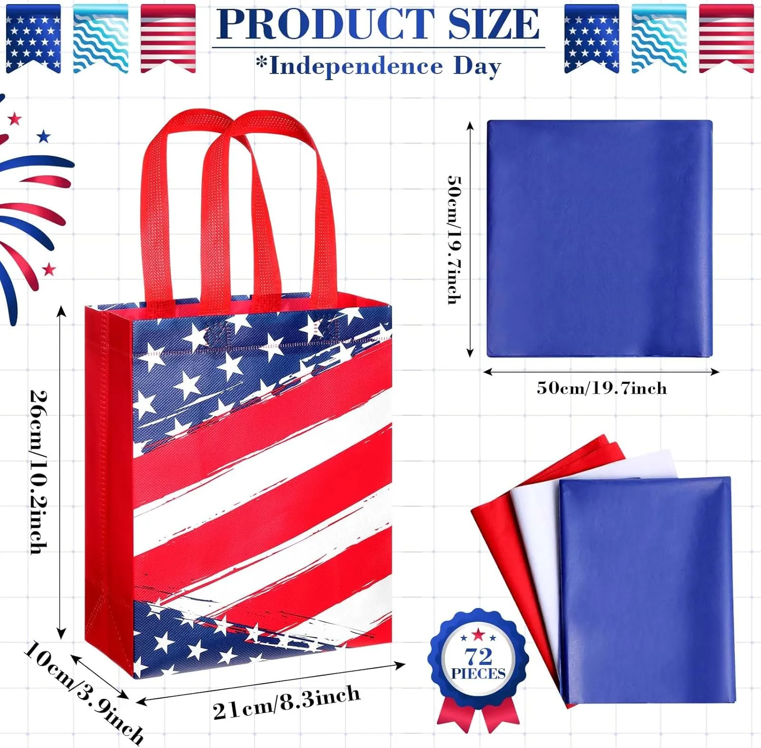 Clysee Reusable Patriotic Non Woven Memorial Day 4th of July Gift Bags with Tissue Paper 6 Different Patterns Waterproof Tote Bags with Handle for Independence Day Decor Holiday Party Favors(24 Pack)