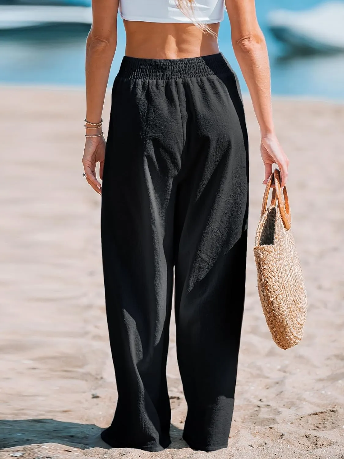 CUPSHE Women's Beach Pants Flowy Wide Leg Cover Up High Waist Smocked Swimwear Cover Ups