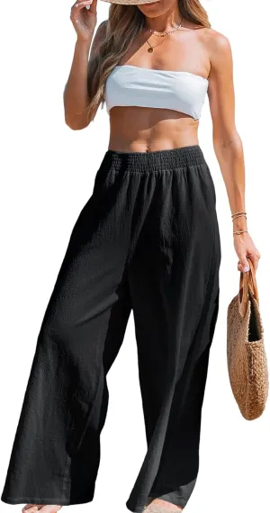 CUPSHE Women's Beach Pants Flowy Wide Leg Cover Up High Waist Smocked Swimwear Cover Ups