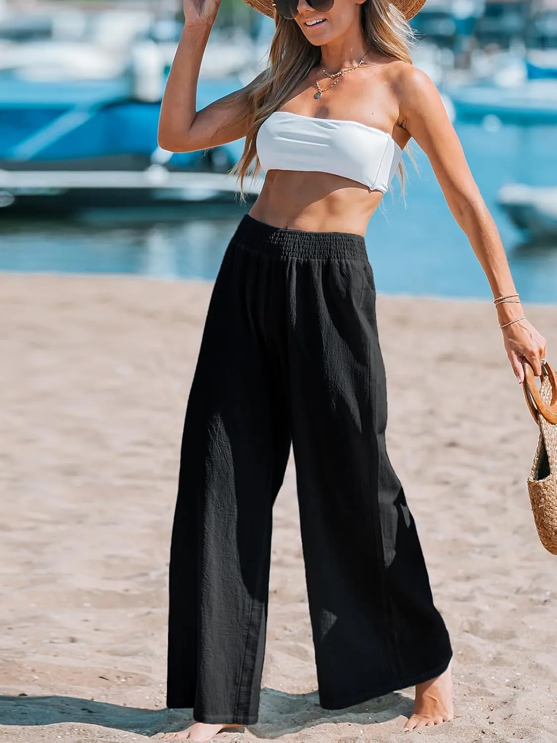 CUPSHE Women's Beach Pants Flowy Wide Leg Cover Up High Waist Smocked Swimwear Cover Ups