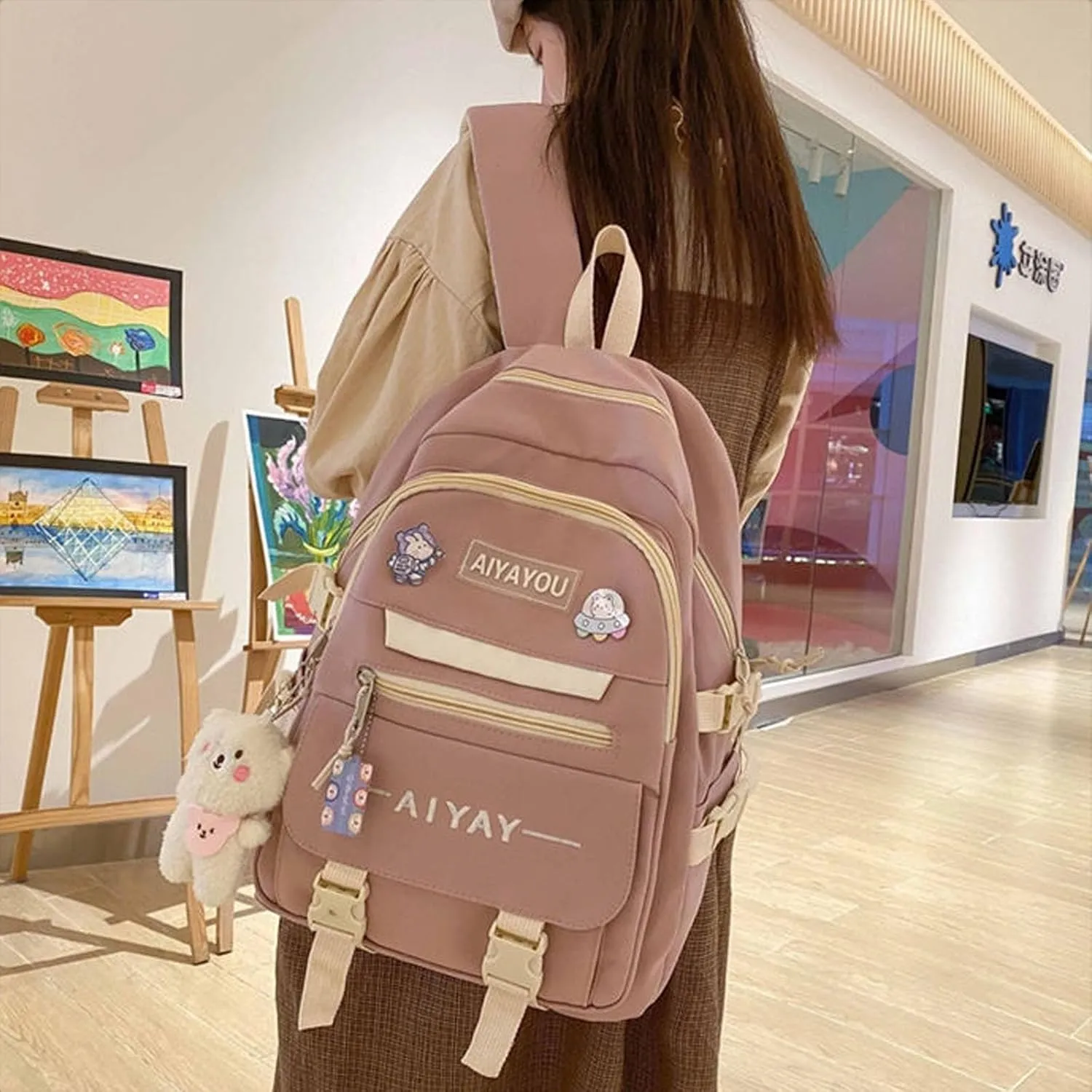 Cute Backpack Kawaii Backpack for School Aesthetic Backpack Kawaii School Supplies Cute Backpacks with Accessories (Pink)