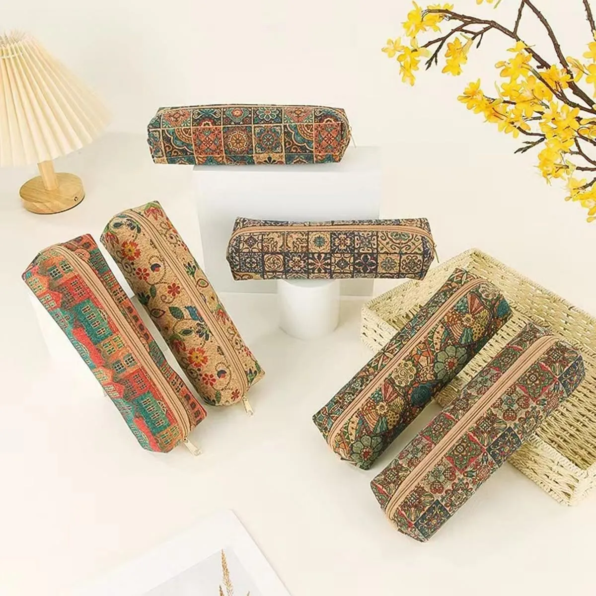 Cute Cork Printing Makeup Bag Small Cosmetic Bag, Aesthetic Pencil Pouch Toiletry for Women Travel Accessories (B)