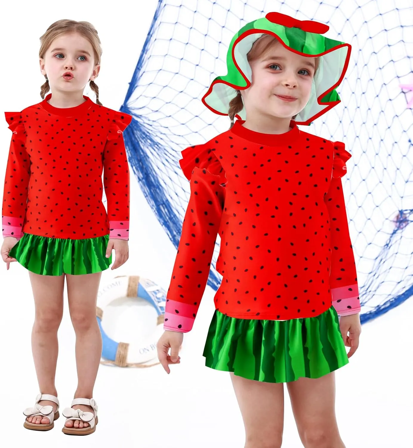Cutemile Little Girls Rash Guard Set 3 Piece Swimsuit with Hat UPF 50  Long Sleeve Swimwear 1-6 Years