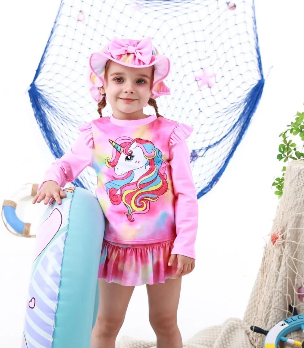 Cutemile Little Girls Rash Guard Set 3 Piece Swimsuit with Hat UPF 50  Long Sleeve Swimwear 1-6 Years