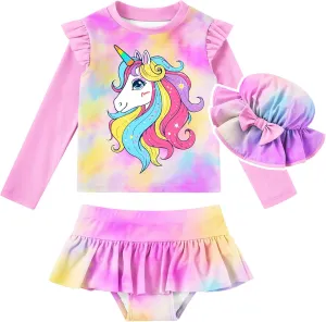 Cutemile Little Girls Rash Guard Set 3 Piece Swimsuit with Hat UPF 50  Long Sleeve Swimwear 1-6 Years