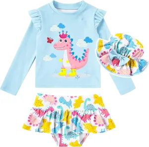 Cutemile Little Girls Rash Guard Set 3 Piece Swimsuit with Hat UPF 50  Long Sleeve Swimwear 1-6 Years
