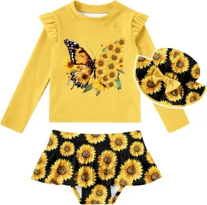 Cutemile Little Girls Rash Guard Set 3 Piece Swimsuit with Hat UPF 50  Long Sleeve Swimwear 1-6 Years