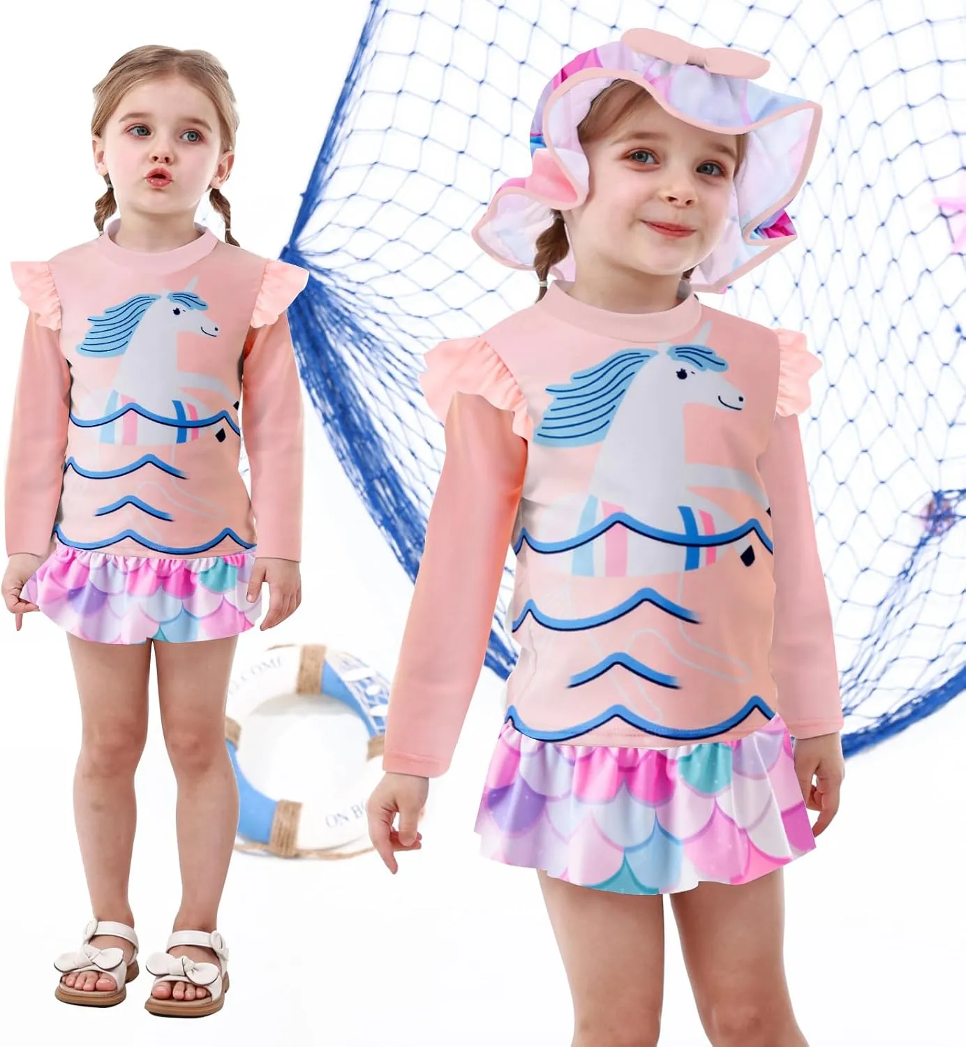 Cutemile Little Girls Rash Guard Set 3 Piece Swimsuit with Hat UPF 50  Long Sleeve Swimwear 1-6 Years