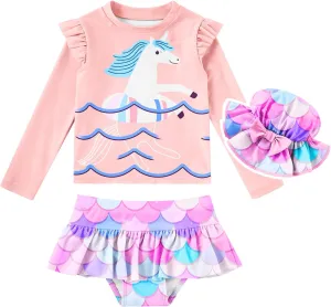 Cutemile Little Girls Rash Guard Set 3 Piece Swimsuit with Hat UPF 50  Long Sleeve Swimwear 1-6 Years