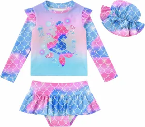 Cutemile Little Girls Rash Guard Set 3 Piece Swimsuit with Hat UPF 50  Long Sleeve Swimwear 1-6 Years