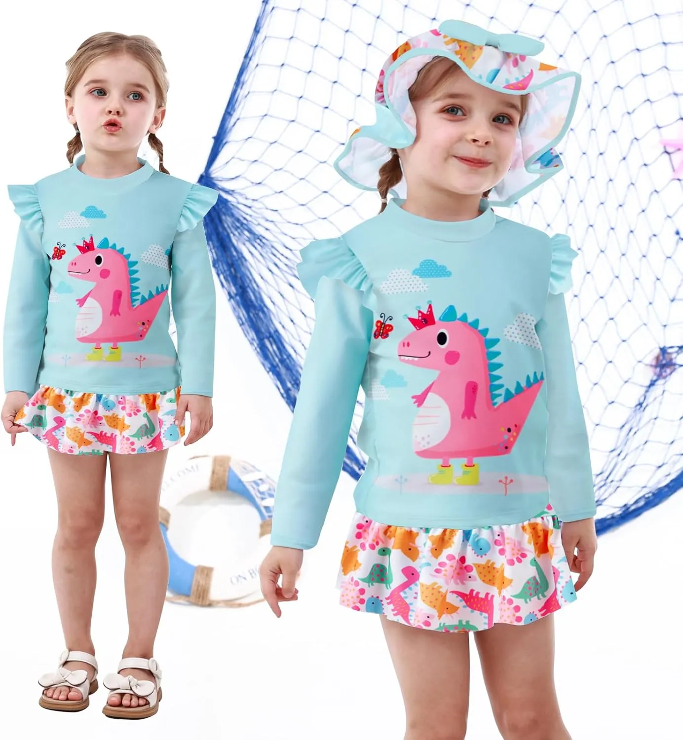 Cutemile Little Girls Rash Guard Set 3 Piece Swimsuit with Hat UPF 50  Long Sleeve Swimwear 1-6 Years