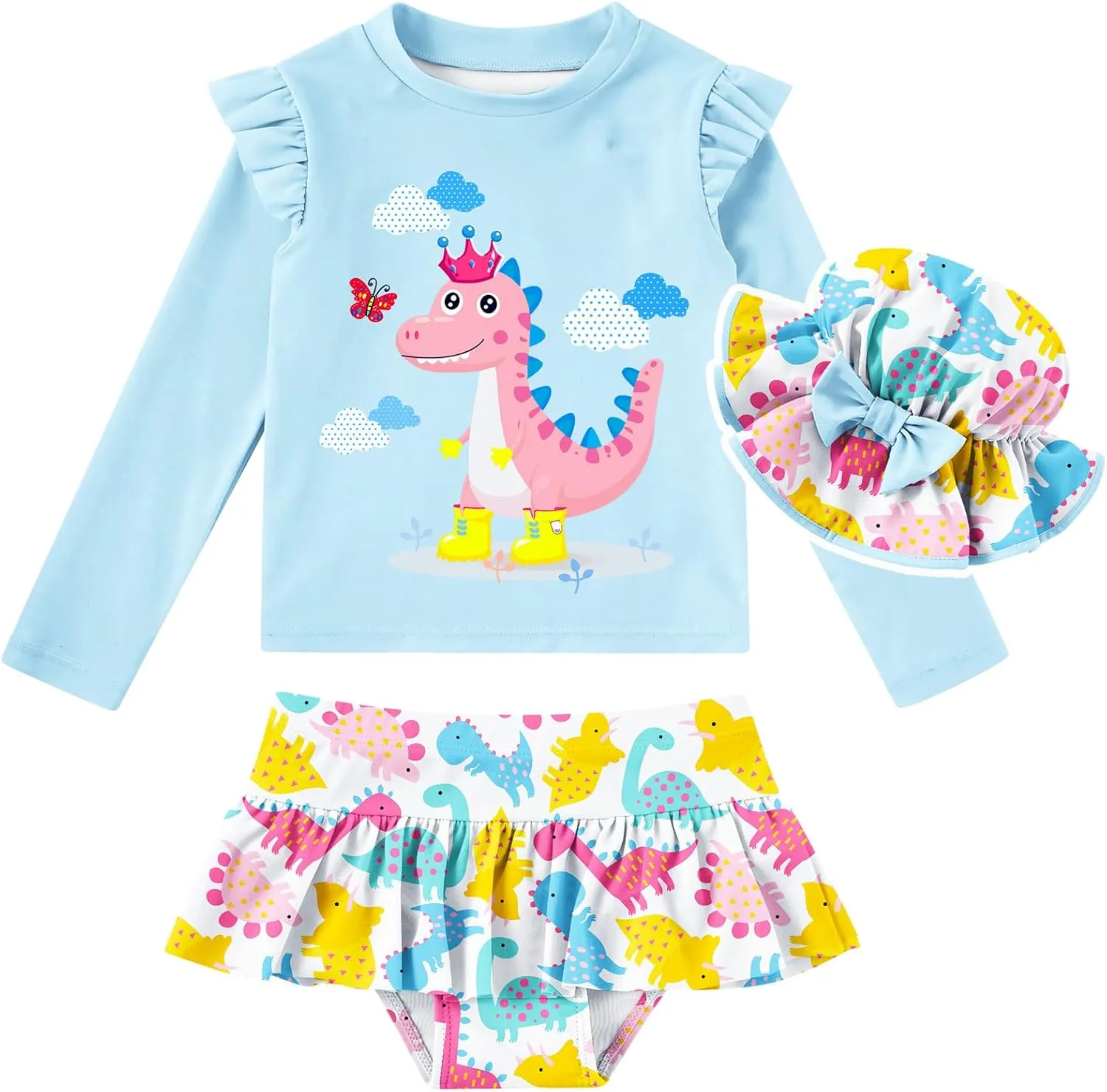 Cutemile Little Girls Rash Guard Set 3 Piece Swimsuit with Hat UPF 50  Long Sleeve Swimwear 1-6 Years
