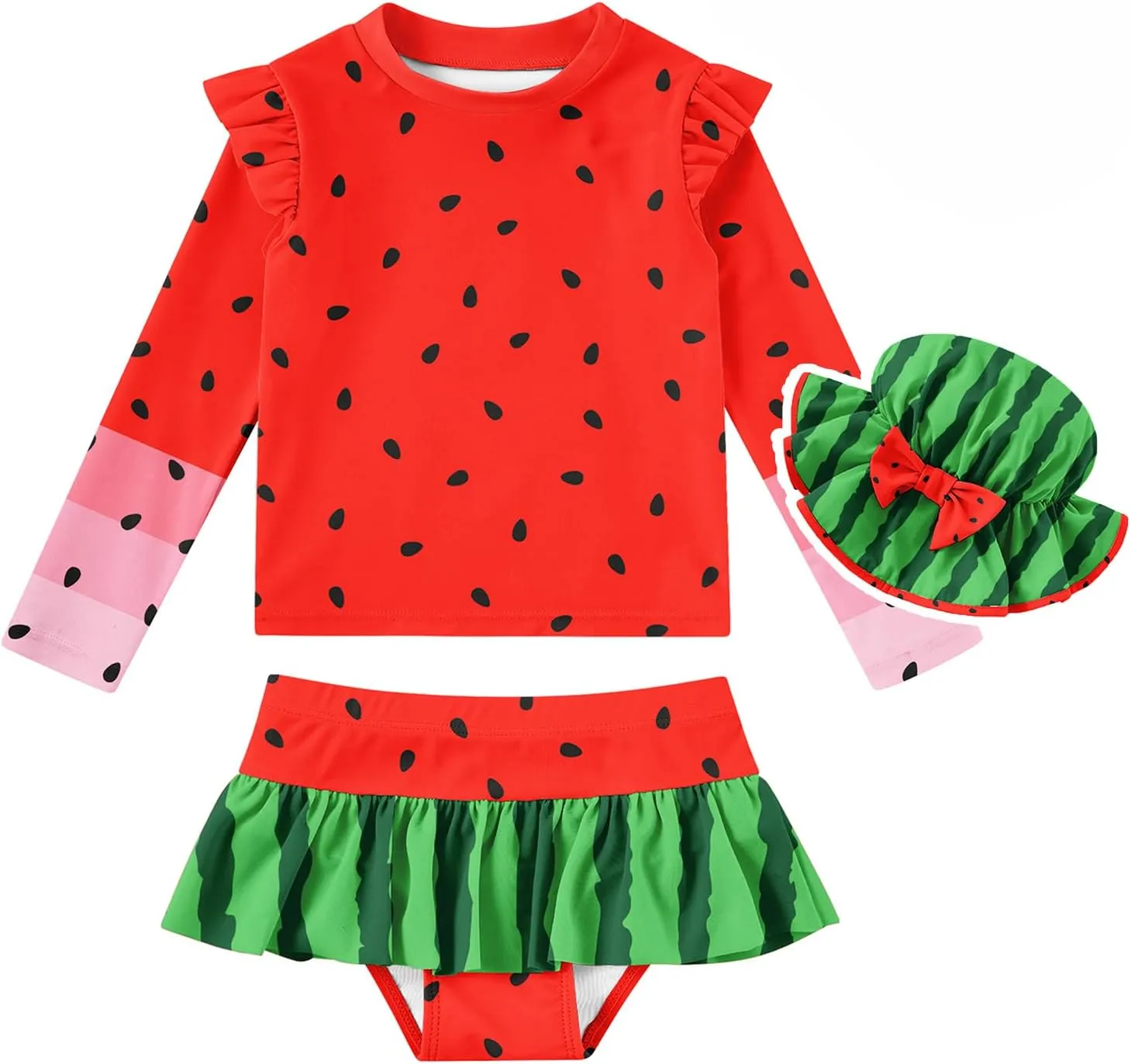 Cutemile Little Girls Rash Guard Set 3 Piece Swimsuit with Hat UPF 50  Long Sleeve Swimwear 1-6 Years