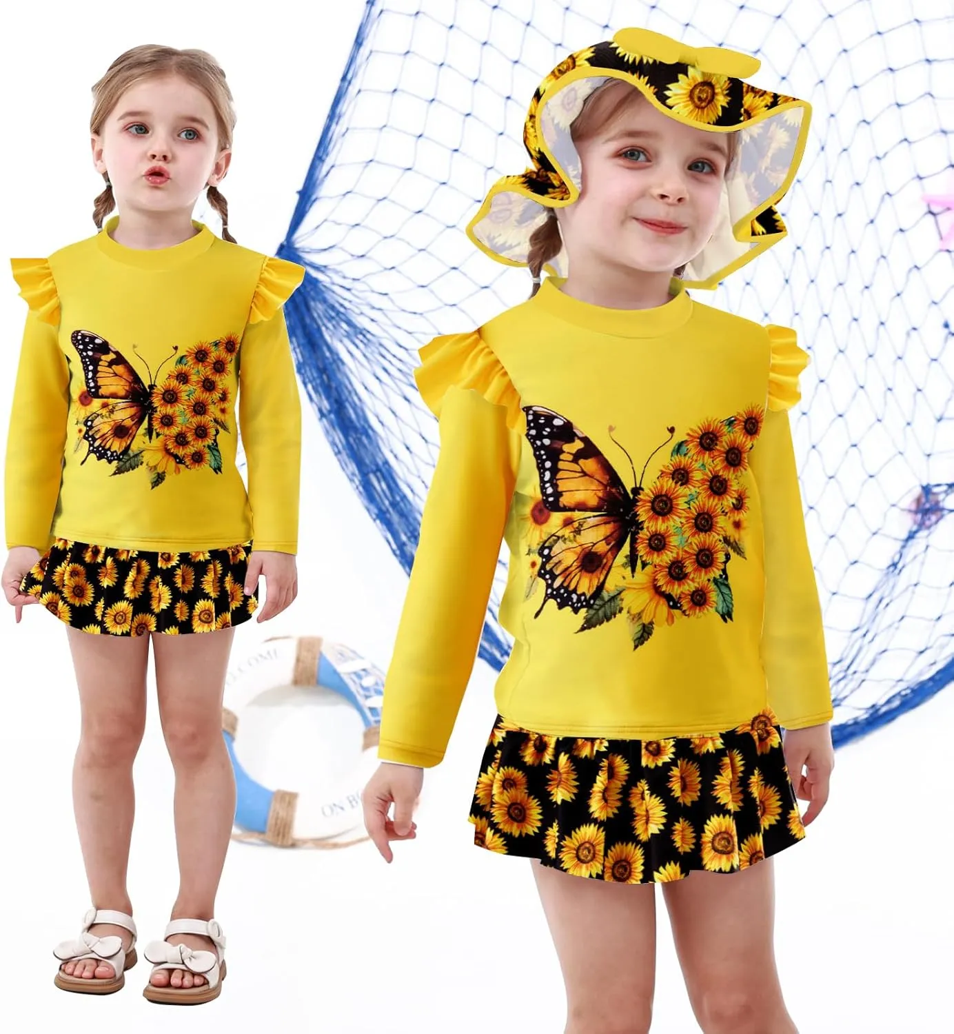 Cutemile Little Girls Rash Guard Set 3 Piece Swimsuit with Hat UPF 50  Long Sleeve Swimwear 1-6 Years