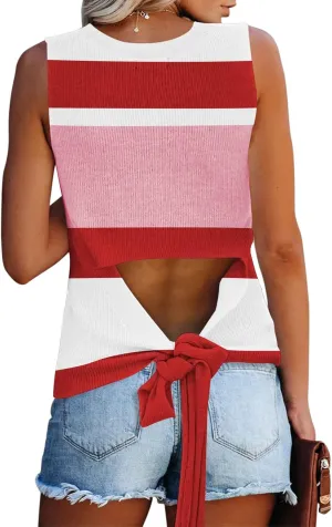 Cutiefox Women's Knit Tank Tops Sleeveless Summer Loose Tie Back Casual Vest Shirts Blouses
