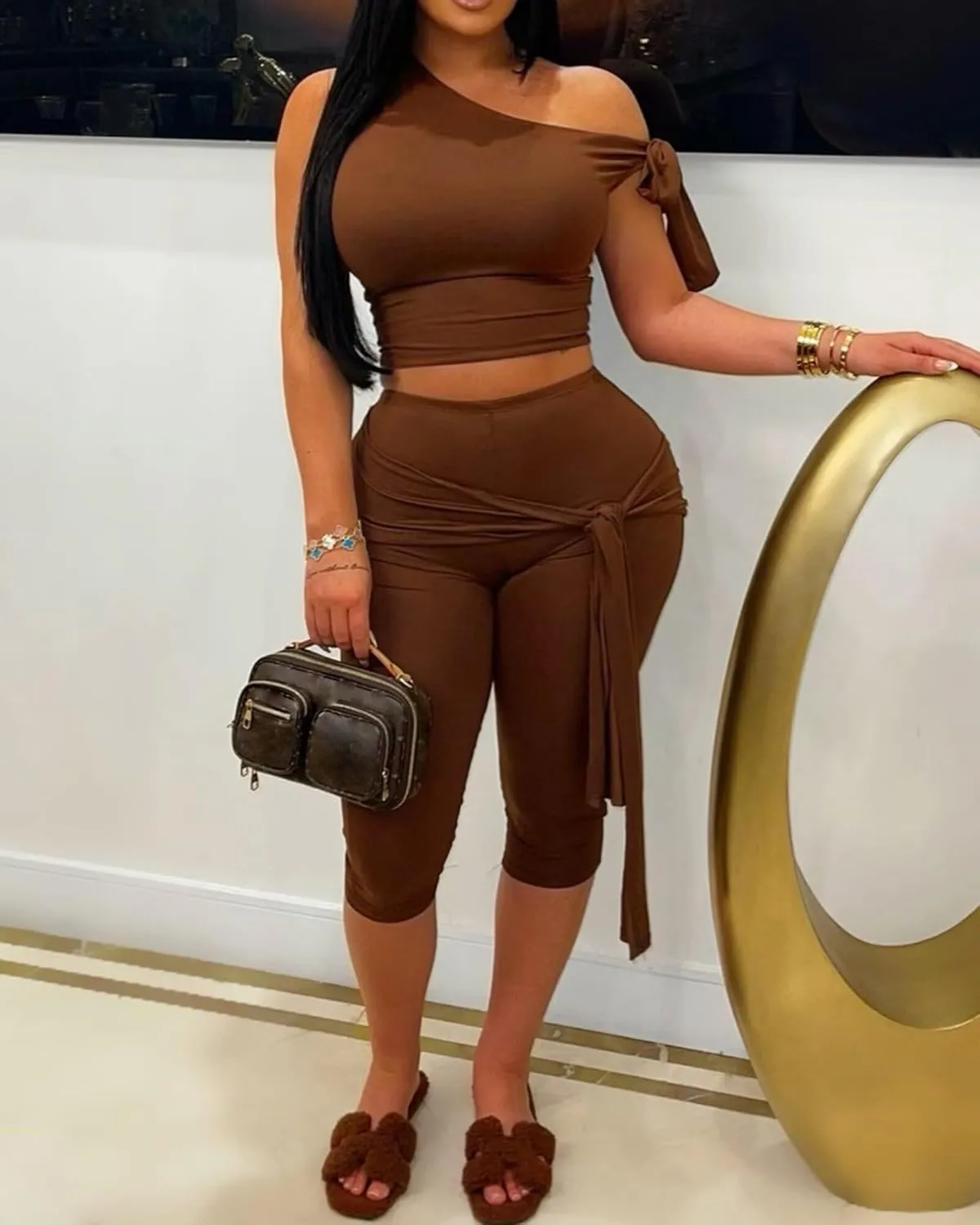 CXXQ Sexy 2 Piece Outfits Off Shoulder Self Tie Crop Tops and Capri Legging Set Tracksuits Clubwear