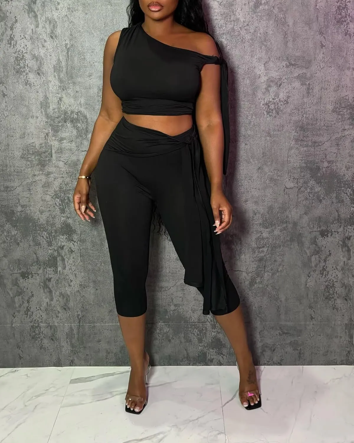 CXXQ Sexy 2 Piece Outfits Off Shoulder Self Tie Crop Tops and Capri Legging Set Tracksuits Clubwear