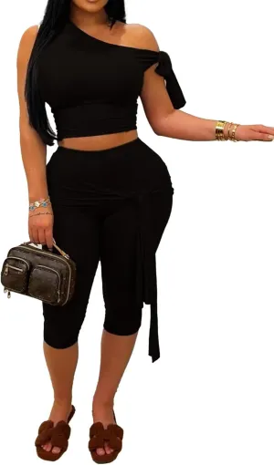 CXXQ Sexy 2 Piece Outfits Off Shoulder Self Tie Crop Tops and Capri Legging Set Tracksuits Clubwear